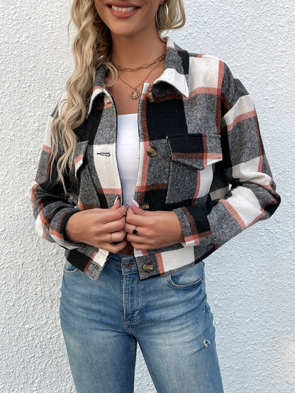 Rustic Romance Plaid Button Up Drop Shoulder Cropped Jacket