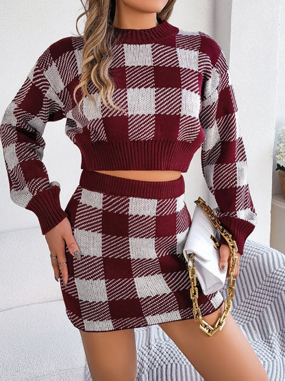 Picnic Plaid Round Neck Top and Skirt Sweater Set