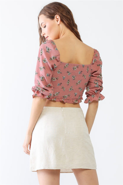 Garden Daze Floral Ruffle Smocked Back Ruched Crop Top