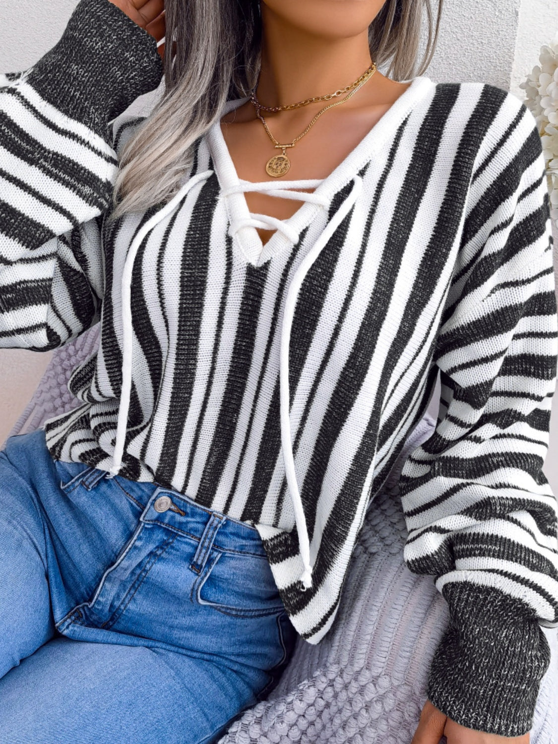 Midnight Magick Striped Lace-Up Long Sleeve Sweater