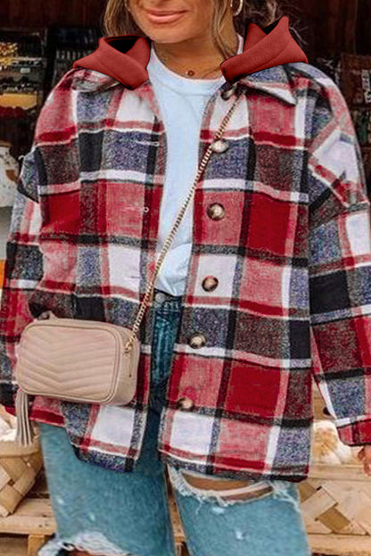 Red Delicious Plus Size Plaid Button Up Hooded Jacket