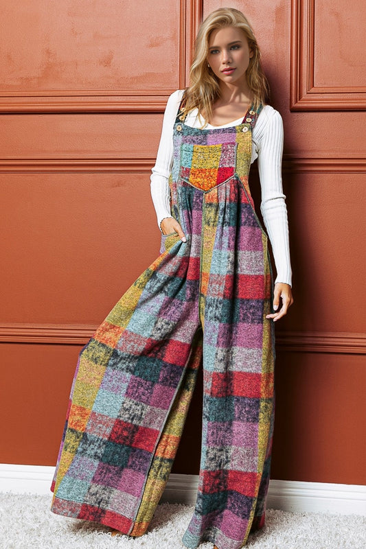 Wild & Whimsical Plaid Sleeveless Wide Leg Overall Jumpsuit