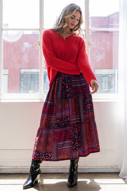 Through the Rose-Tinted Glass Full Size Printed Tiered Maxi Skirt