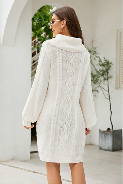 Isolde Cable Knit Turtleneck Lantern Sleeve Sweater Dress