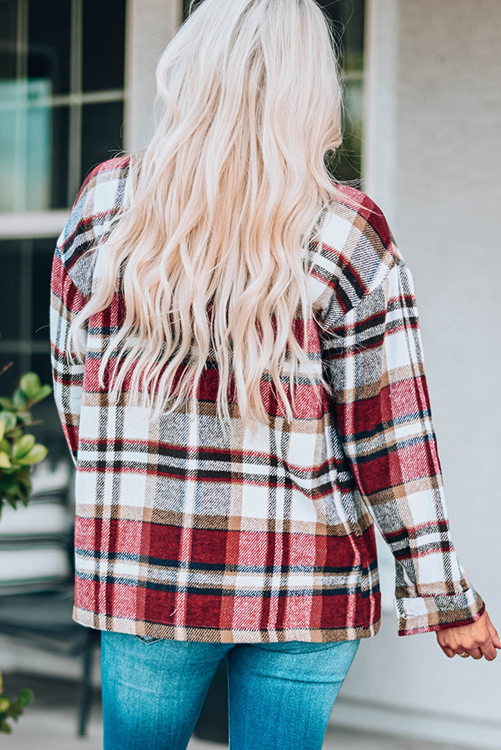 Poison Apples Plaid Button Down Shirt Jacket with Chest Pockets