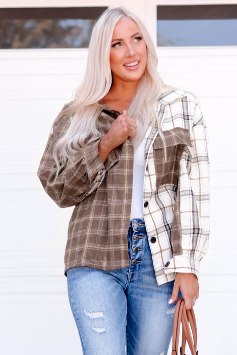 Pumpkin Hollow Plaid Contrast Button Up Shirt Jacket