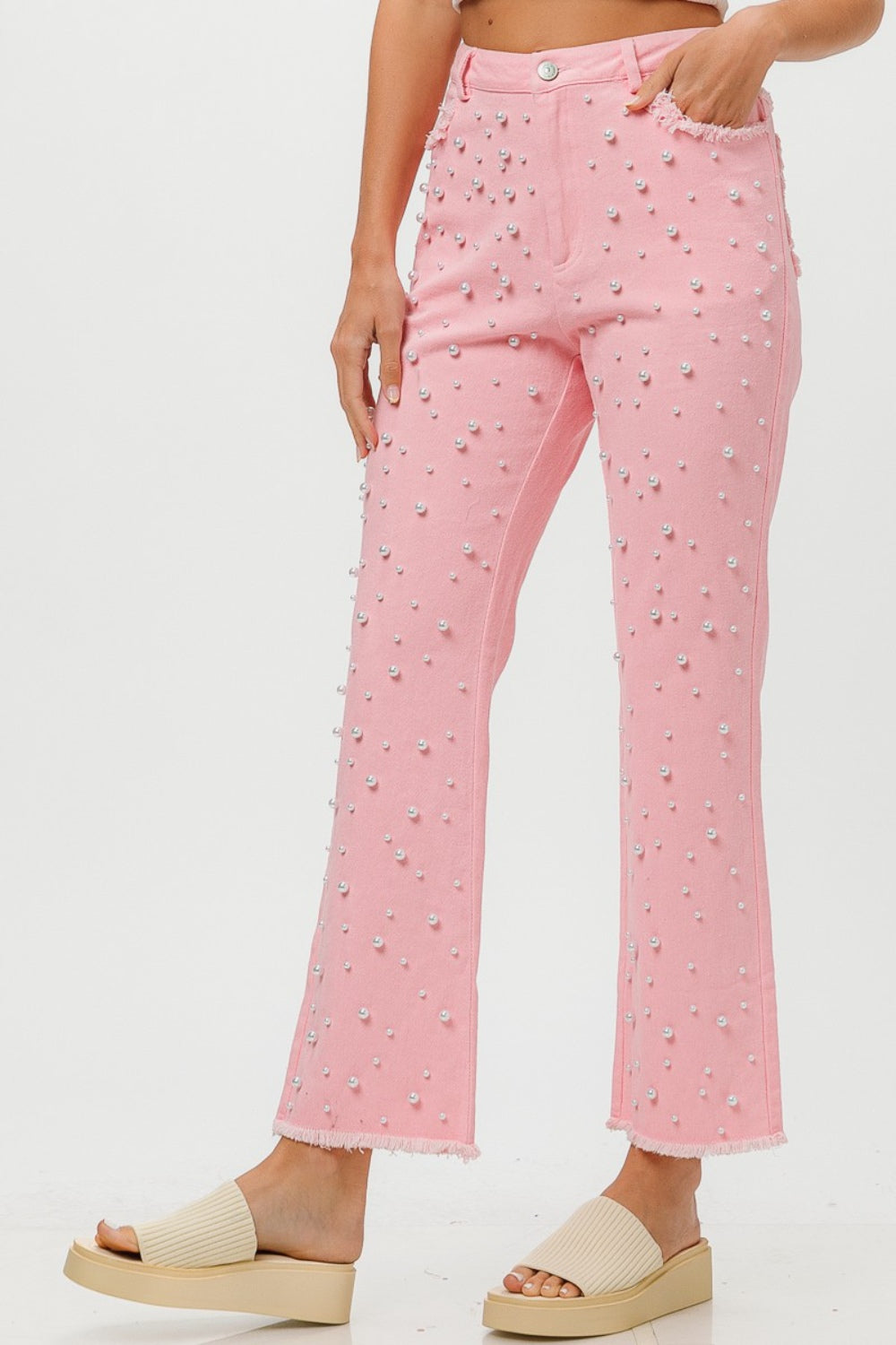 Pink Rabbit Pearls Embellished High Rise Jean Pants