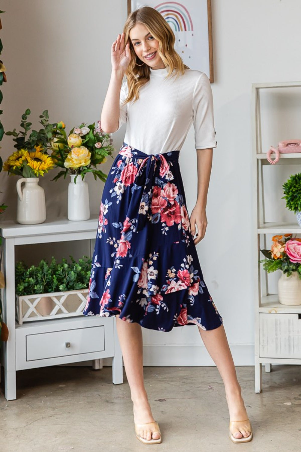 Lady Winsor Floral Wrap Ruffled Skirt Navy