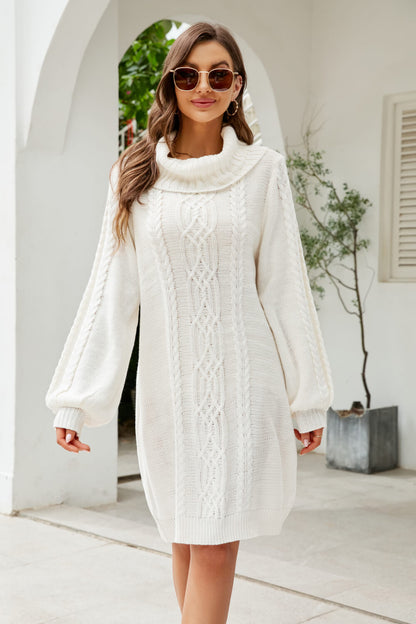 Isolde Cable Knit Turtleneck Lantern Sleeve Sweater Dress