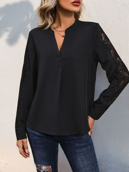 Arabella Notched Lace Long Sleeve Blouse