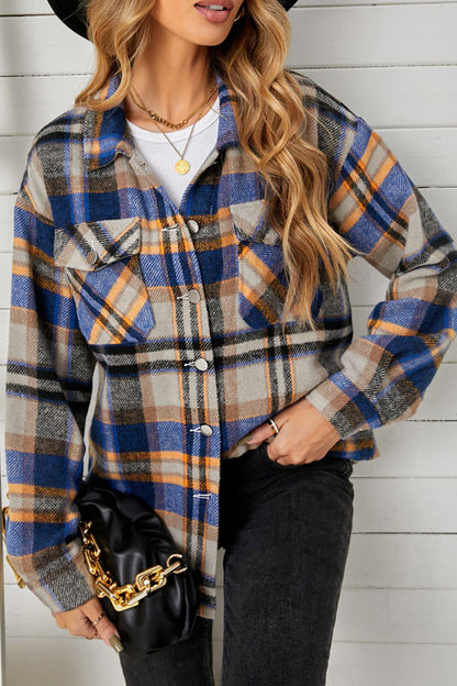 Cascade of Leaves Plaid Pocketed Button Down Shacket