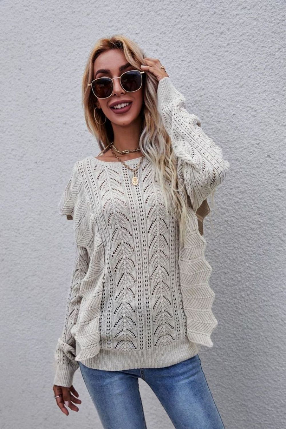 Dreamland Lacey Round Neck Ruffled Sweater