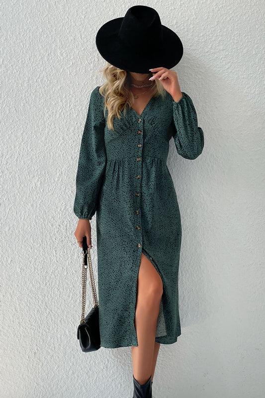 Perfee Printed Button Down V-Neck Midi Dress