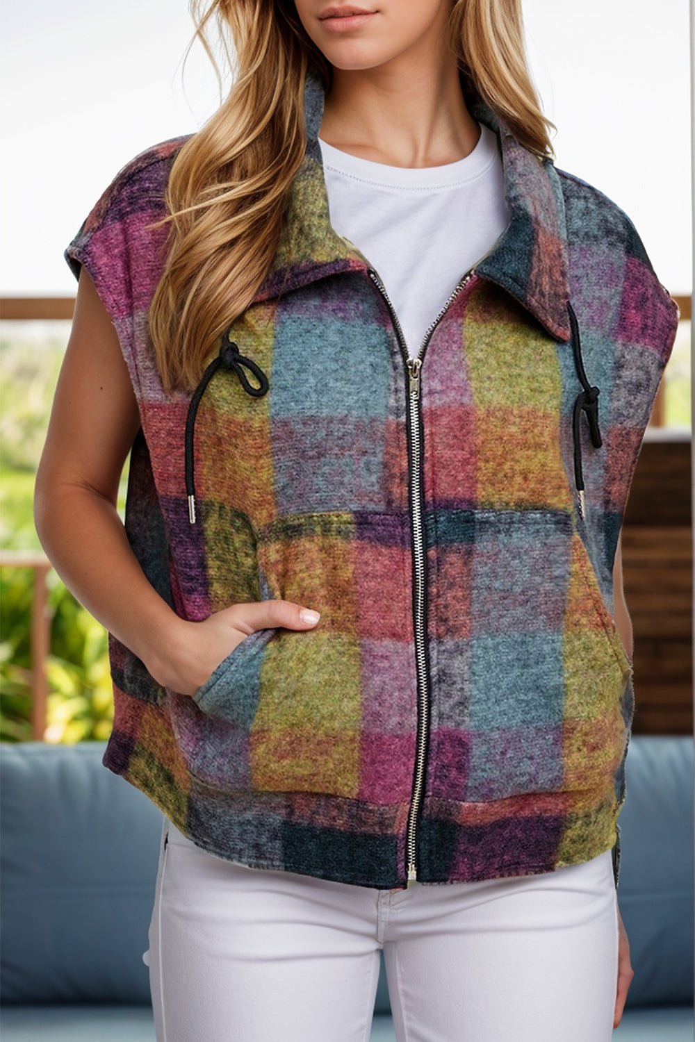 Twilight Tangle Plaid Zip Up Collared Neck Vest Coat