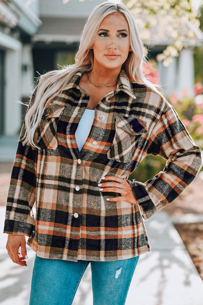 Poison Apples Plaid Button Down Shirt Jacket with Chest Pockets