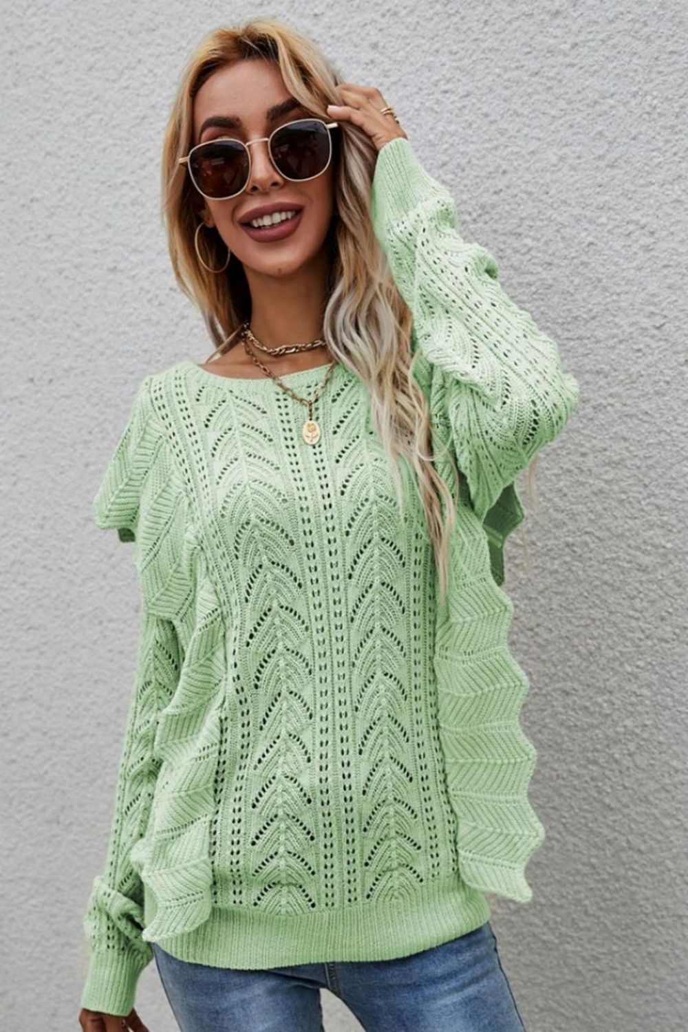 Dreamland Lacey Round Neck Ruffled Sweater