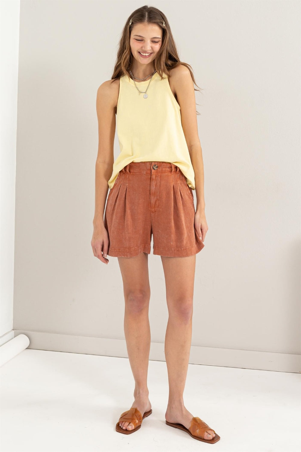 Raven Wings High Waist Mineral Washed Linen Shorts - Pumpkin