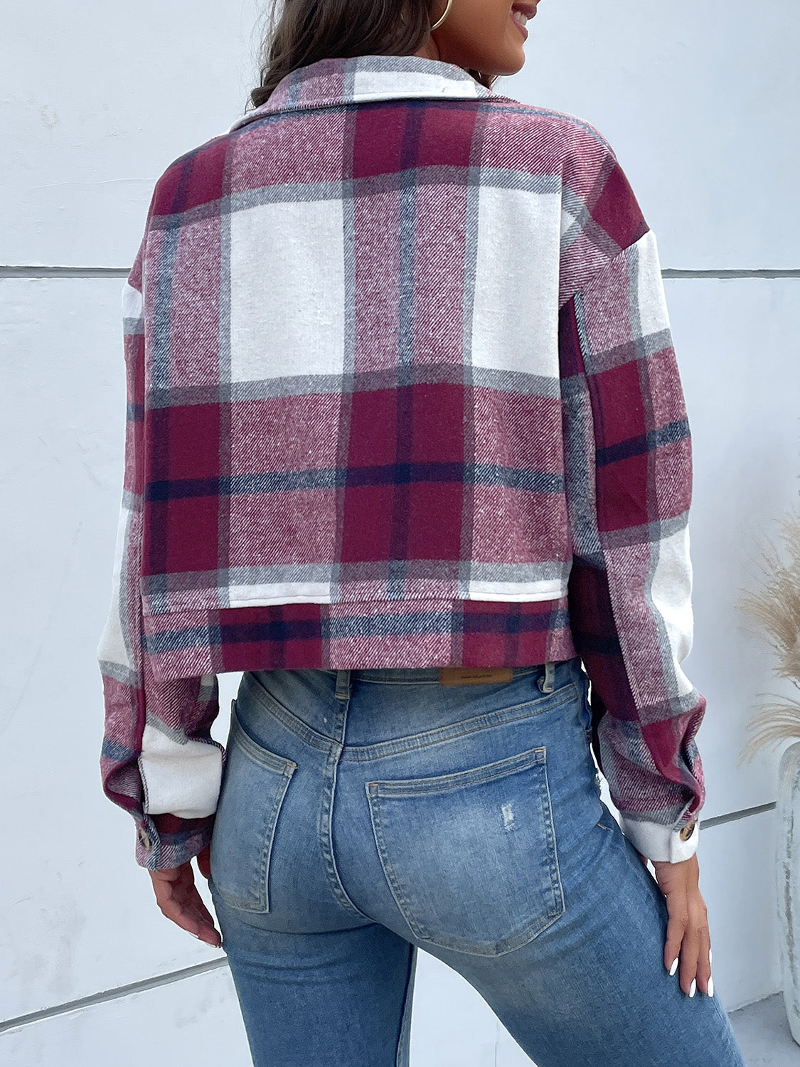 Rustic Romance Plaid Button Up Drop Shoulder Cropped Jacket