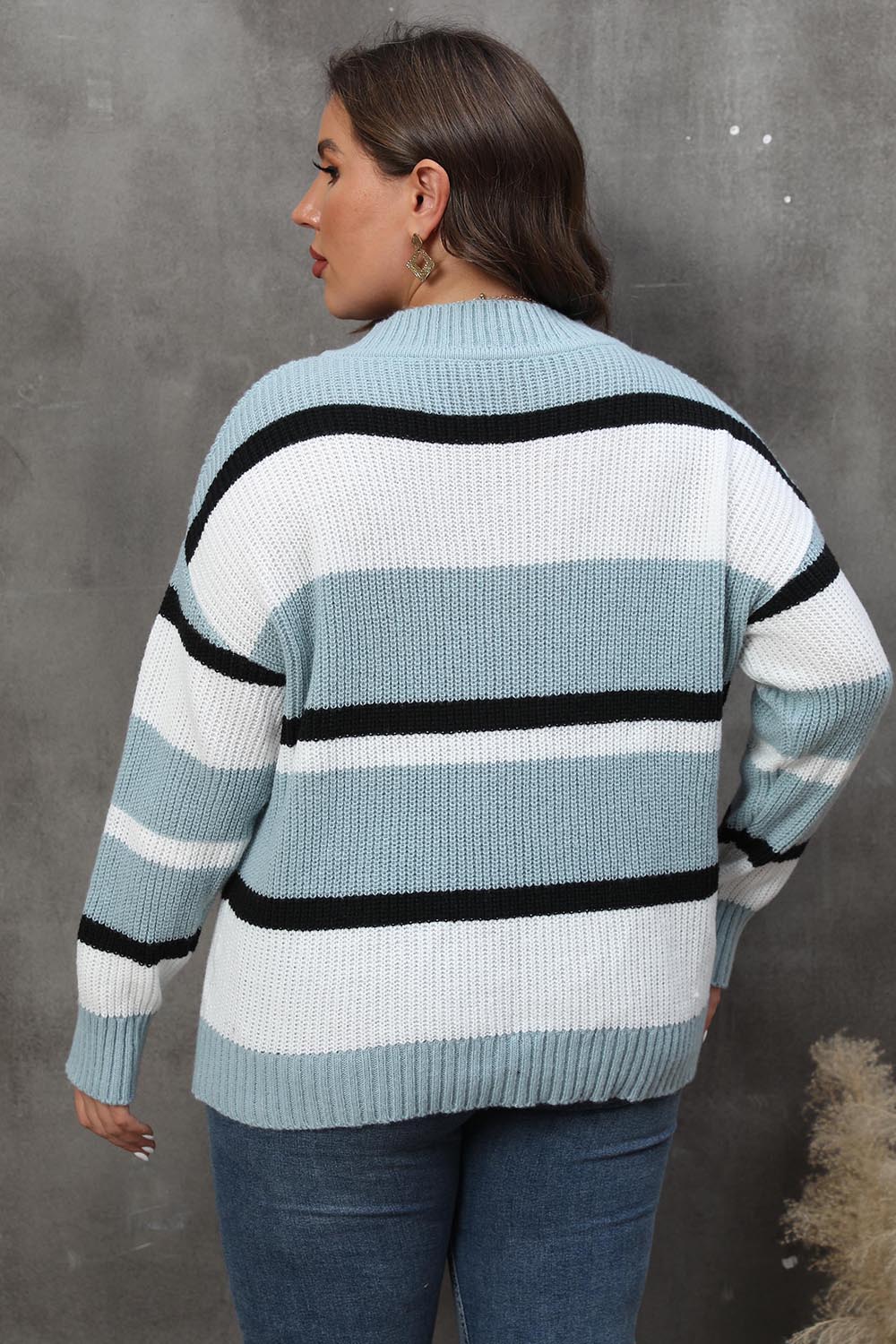 Spellbound Plus Size Striped V-Neck Dropped Shoulder Sweater