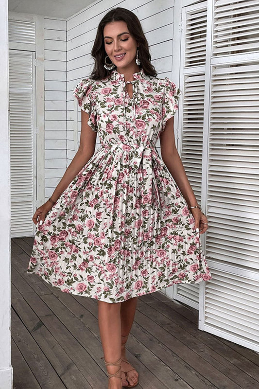 Perfee Floral Tie-Neck Flutter Sleeve Midi Dress