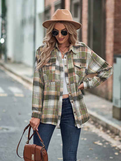 Timeless Textures Plaid Button Up Dropped Shoulder Shirt