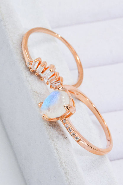 Lunar Illumination Natural Moonstone and 18K Rose Gold-Plated Two-Piece Ring Set