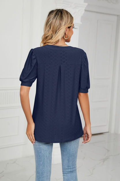 Eyelet Short Puff Sleeve Notched Neck Top