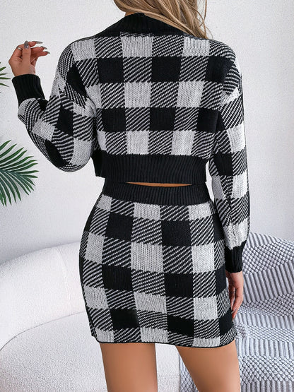 Picnic Plaid Round Neck Top and Skirt Sweater Set