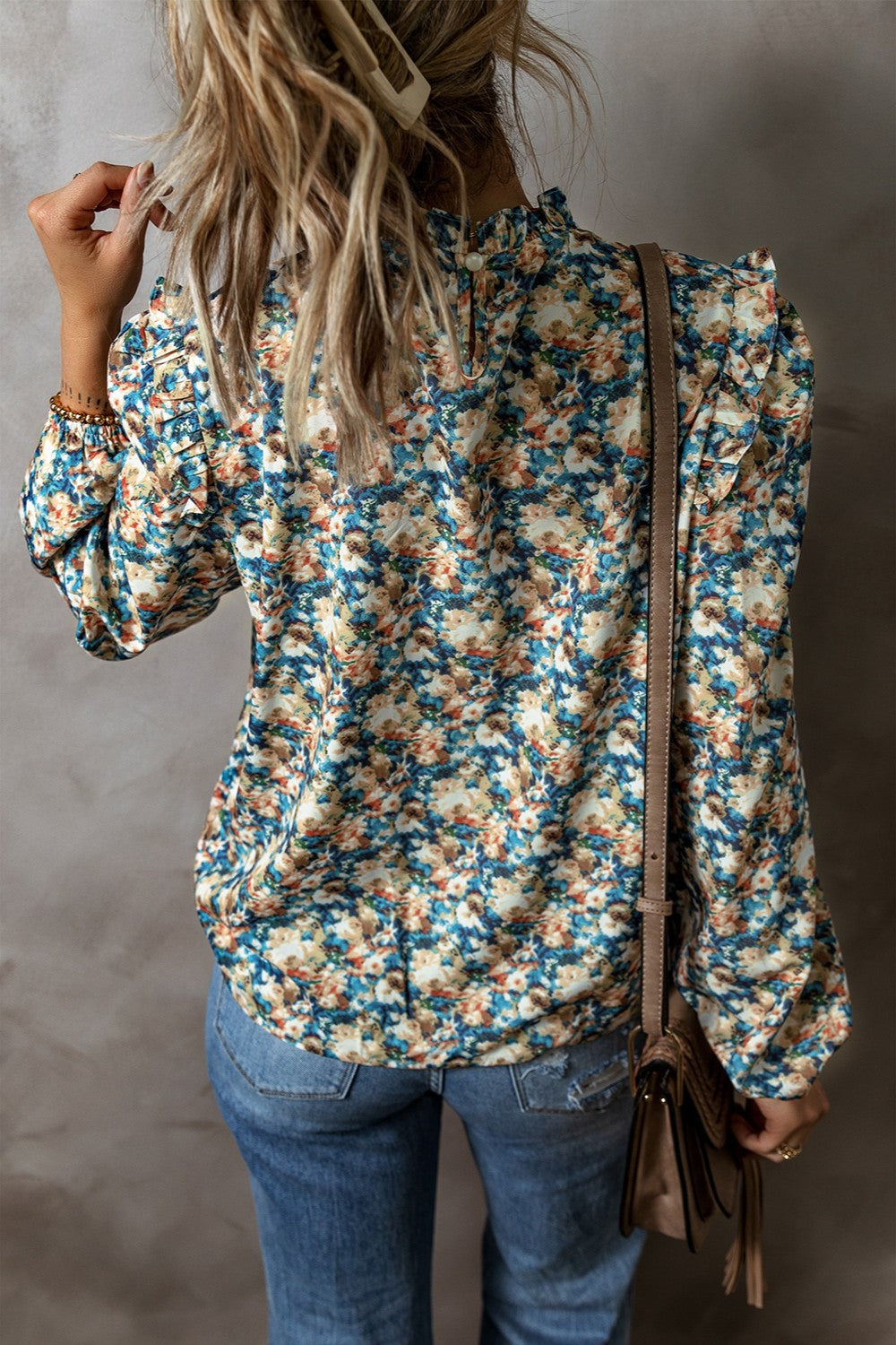 Briar Flowers Mock Neck Ruffle Shoulder Blouse