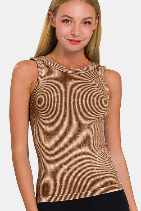 Shapeshifter 2 Way Neckline Washed Ribbed Cropped Tank - Mocha