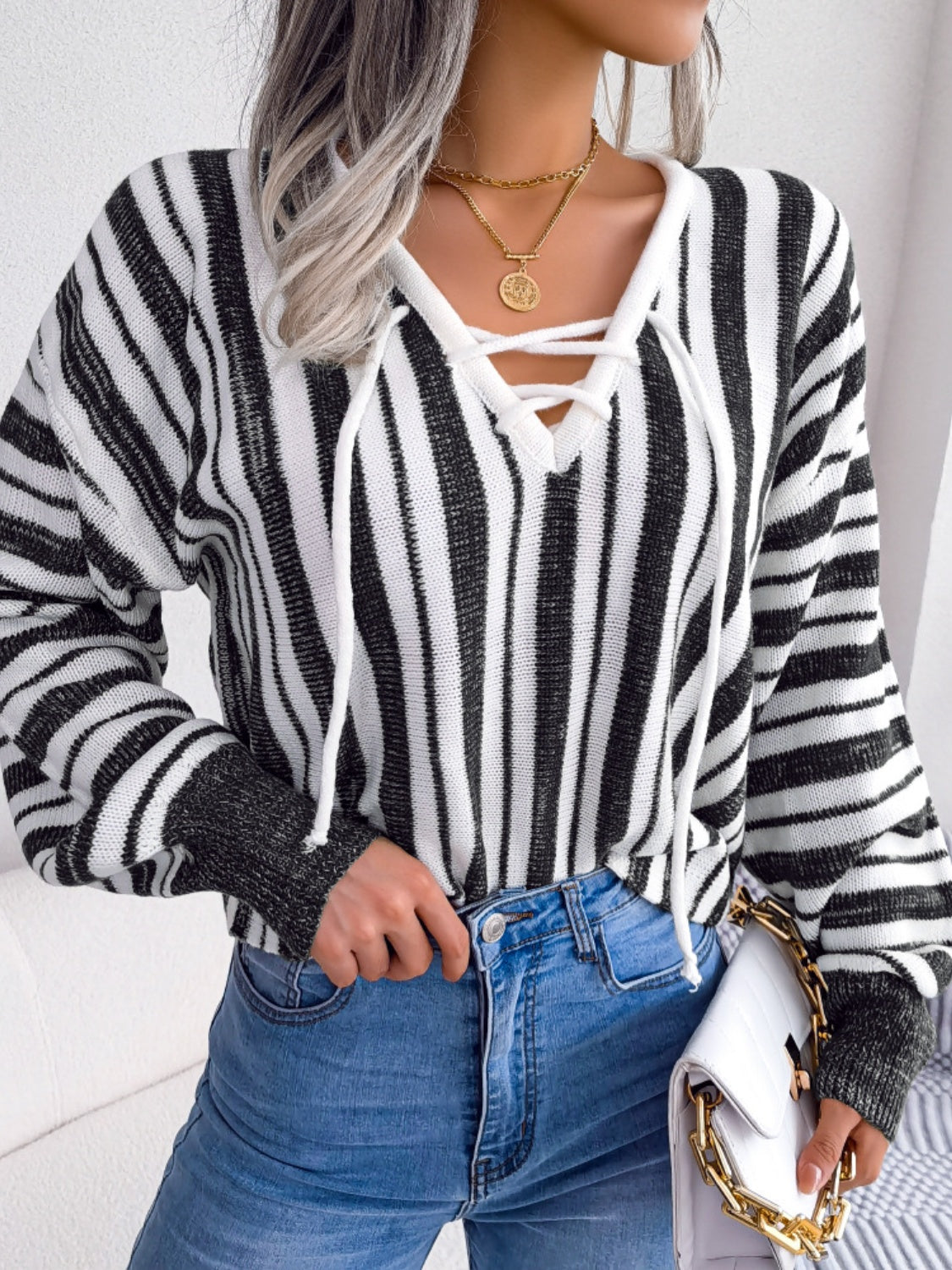 Midnight Magick Striped Lace-Up Long Sleeve Sweater