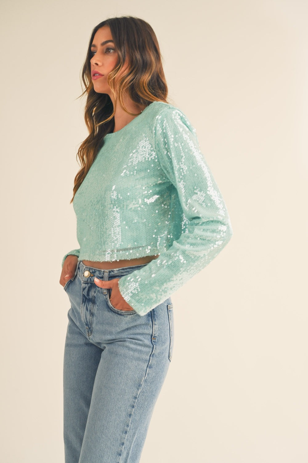 Shimmering Scales Shoulder Padded Sequin Crop Top