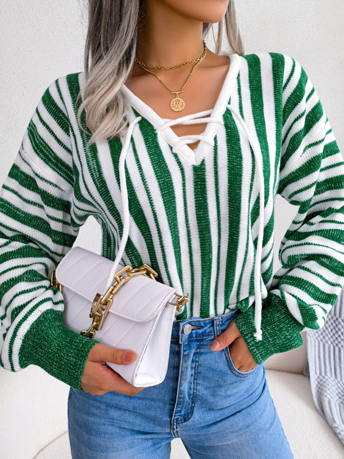 Midnight Magick Striped Lace-Up Long Sleeve Sweater