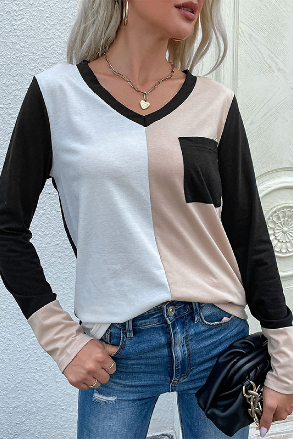 Perfee Spliced Long Sleeve Tee with Pocket