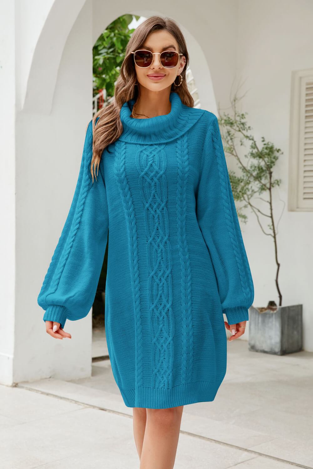 Isolde Cable Knit Turtleneck Lantern Sleeve Sweater Dress