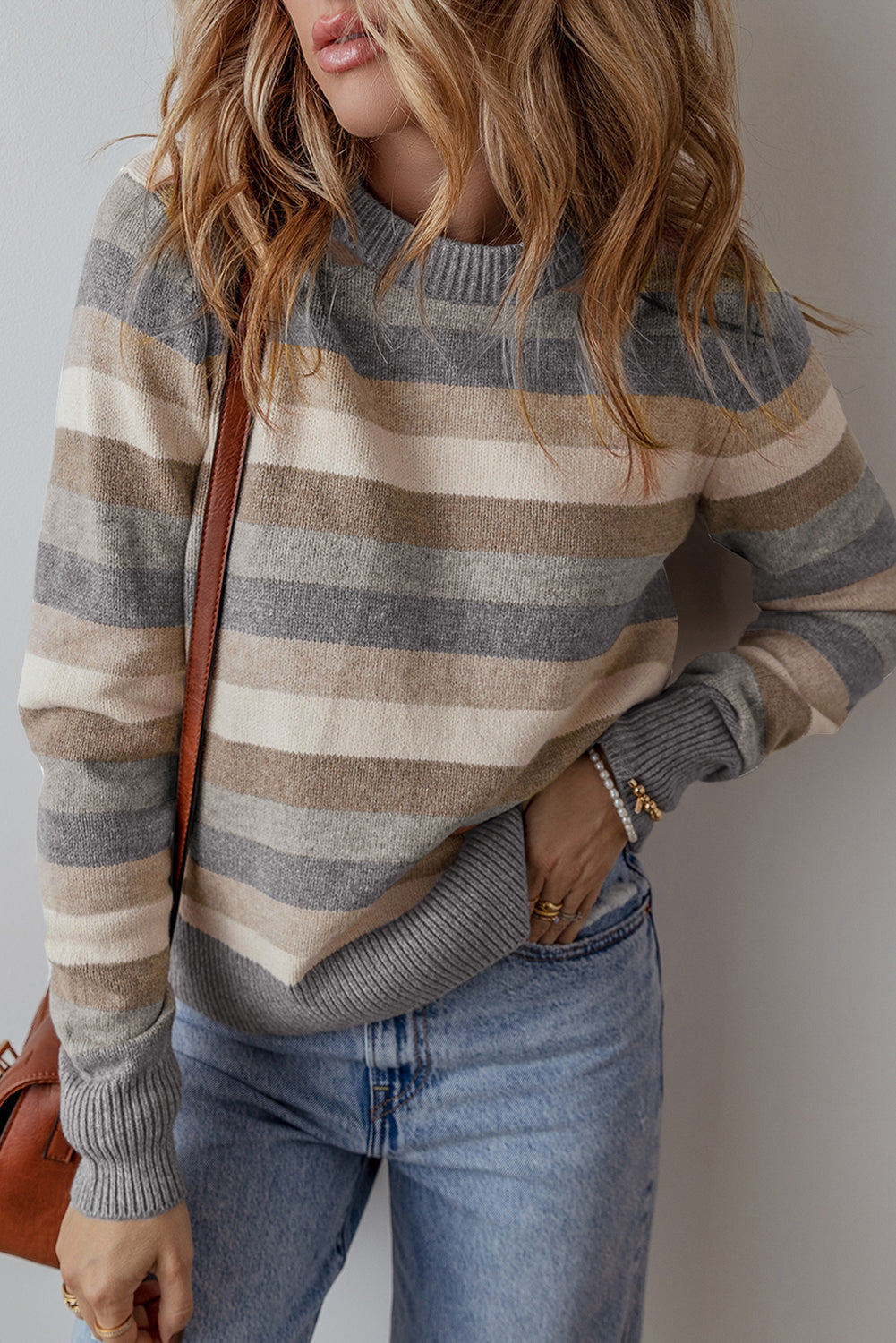 Frost Fall Color Block Ribbed Edge Round Neck Sweater