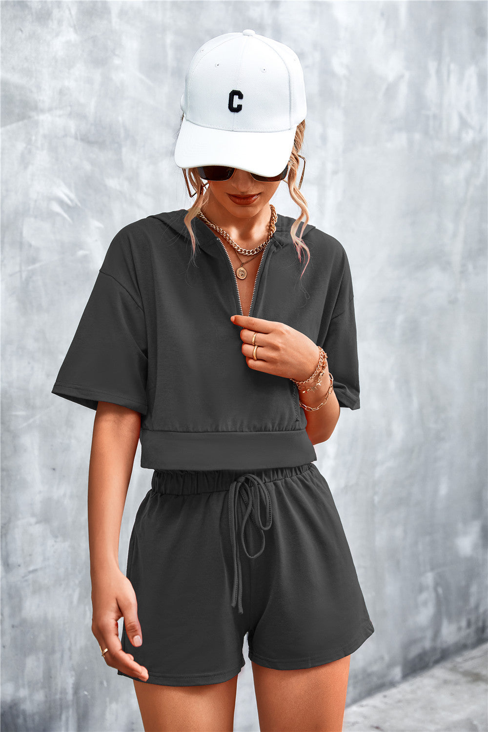 Because She Can Half Zip Cropped Hooded T-Shirt and Shorts Set