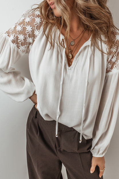 Ivory Obscura Lace Tie Neck Long Sleeve Blouse