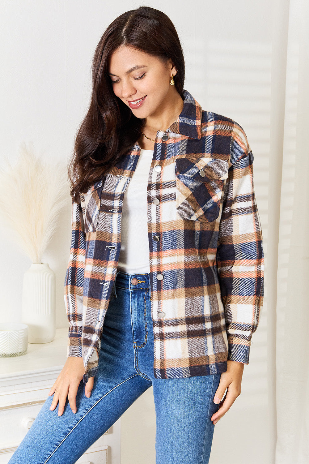 Campus Chic Plaid Button Front Shirt Jacket with Chest Pockets