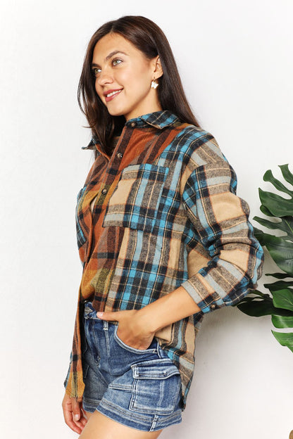 March Hare Plaid Curved Hem Shirt Jacket with Chest Pockets