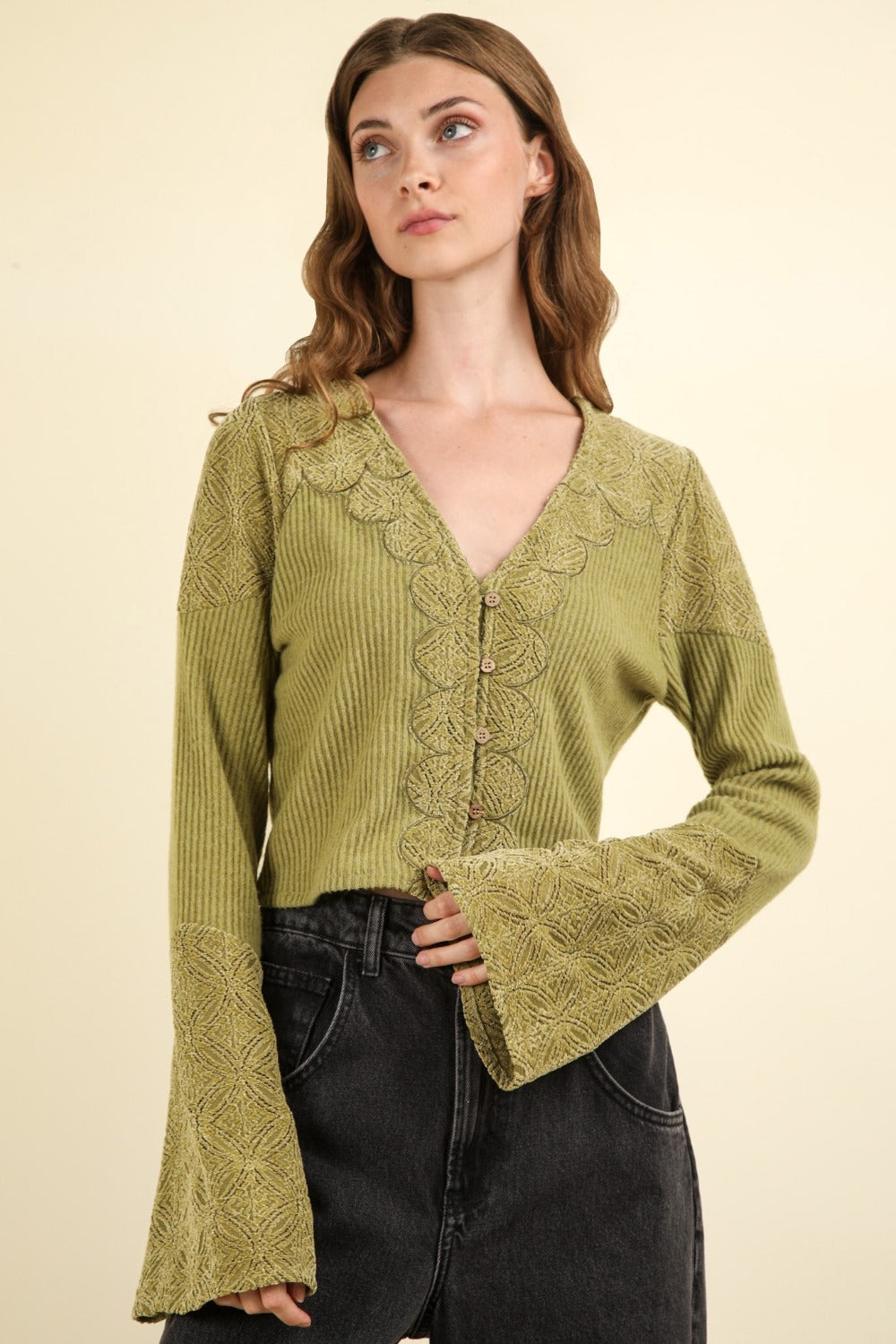 Noble Narrative V-Neck Lace Edge Button Down Crop Knit Top