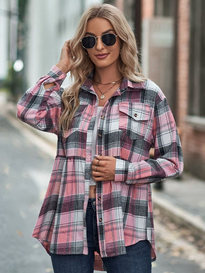 Timeless Textures Plaid Button Up Dropped Shoulder Shirt