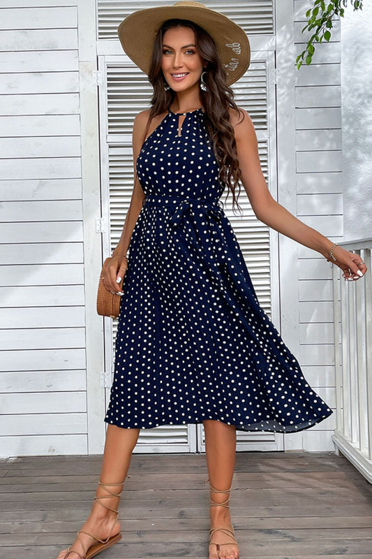 Perfee Polka Dot Tie-Waist Sleeveless Midi Dress