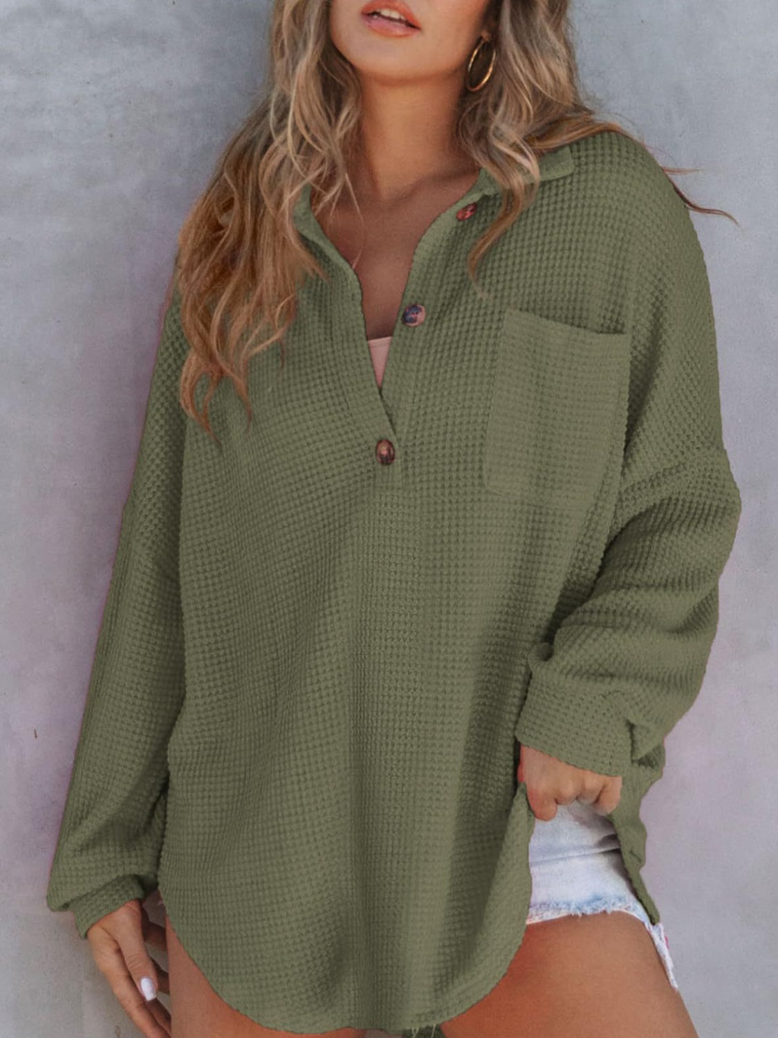 Cozy Cascade Waffle-Knit Dropped Shoulder Long Sleeve Sweatshirt