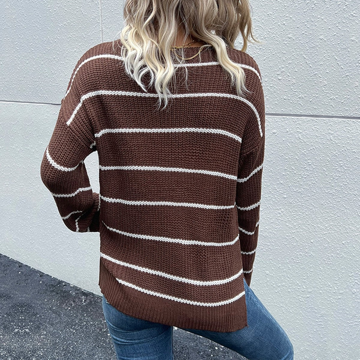 Stormy Lilith Striped V-Neck Slit Dropped Shoulder Sweater