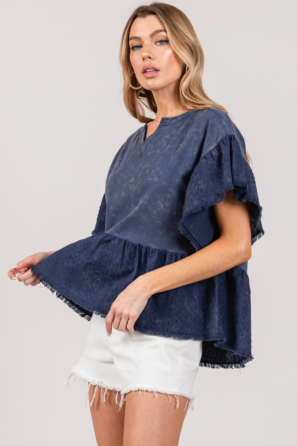 Flights of Fancy Ruffle Sleeve Washed Short Sleeve Blouse