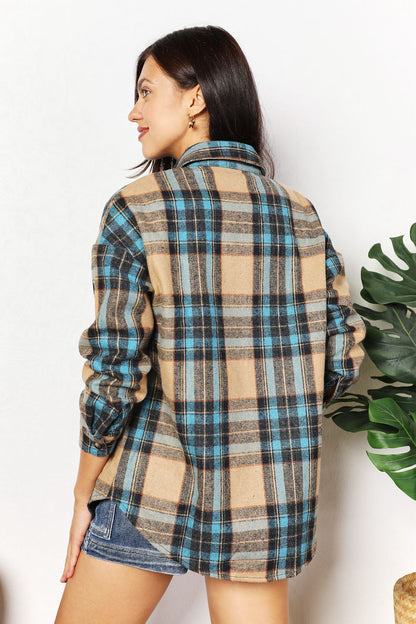 March Hare Plaid Curved Hem Shirt Jacket with Chest Pockets