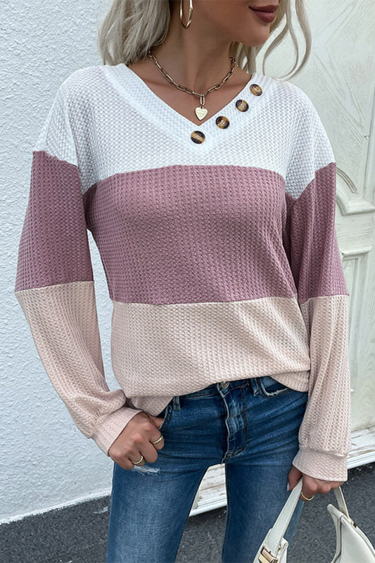 Sweet and Sour Color Block Waffle Knit Button Detail Top