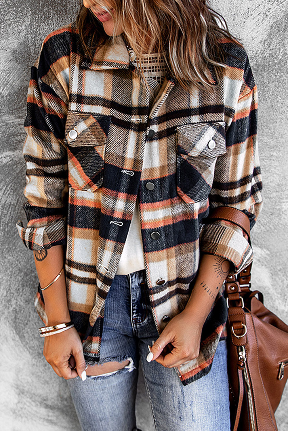 Poison Apples Plaid Button Down Shirt Jacket with Chest Pockets