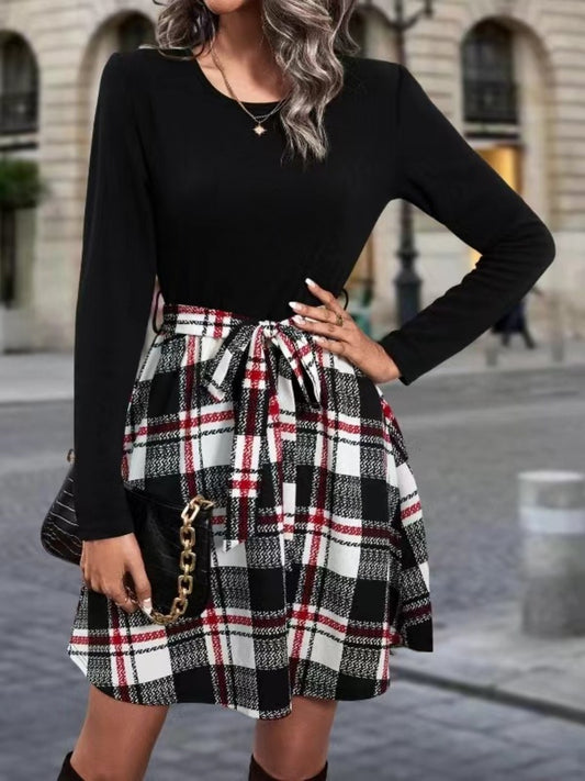 Whispering Shadows Tied Plaid Round Neck Long Sleeve Dress